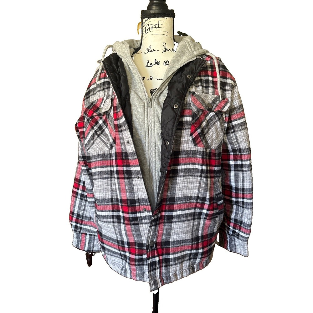 RedHead Mens Large Plaid Flannel Hooded Quilted Lined Shirt Jacket Red Black